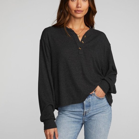 Chaser Tops - Chaser | NWT Black Rib Knit Long Sleeve Henley Top Size S